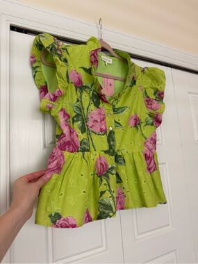entro Lime Green Floral Ruffle Peplum Blouse